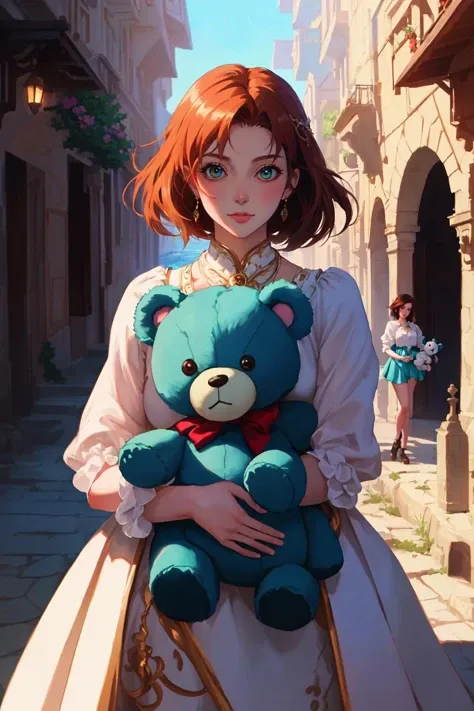((best quality, masterpiece, absurbres, official art, super-resolution)), 1girl, female focus, mature woman, solo focus, extremely detailed kawaiicore, the girl is holding a blue teddy bear, in the style of makoto shinkai, rococo, eve ventrue, hd, light red and light emerald, villagecore, clamp,