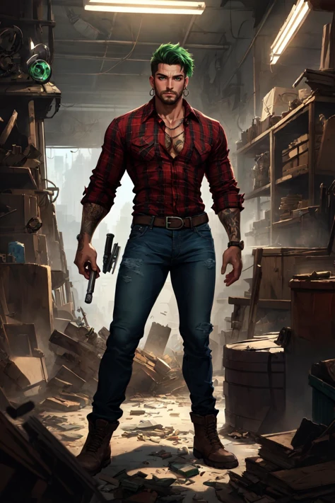 (masterpiece, best quality:1.2), (absurdres, highres, ultra-detailed), (perfect anatomy), best illustration, 25d Style, solo, looking at viewer, shirt, 1boy, jewelry, green eyes, male focus, earrings, green hair, collared shirt, pants, indoors, book, plaid, tattoo, muscular, facial hair, pectorals, denim, muscular male, red shirt, bara, beard, jeans, mature male, arm tattoo, partially unbuttoned, plaid shirt, 2k resolution Clutter-Mechanical CS-OBG