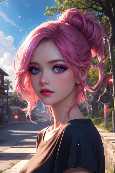 ((best quality, masterpiece, absurbres, official art, super-resolution)),1girl, black shirt, blue eyes, cloud, day, lipstick, makeup, outdoors, photo background, pink hair, shirt, sky, solo, t-shirt, tree, upper body, (((masterpiece, best quality, ))), RAW, particle effects, light bokeh, depth of field, volumetric detailed lighting, ray tracing, (hyperrealism:1.2), (photorealistic:1.2), detailed face, detailed hair,