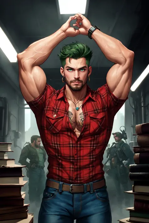 (masterpiece, best quality:1.2), (absurdres, highres, ultra-detailed), (perfect anatomy), best illustration, 25d Style, solo, looking at viewer, shirt, 1boy, jewelry, green eyes, male focus, earrings, green hair, collared shirt, pants, indoors, blurry, arms up, armpit hair, book, plaid, tattoo, muscular, facial hair, pectorals, denim, muscular male, red shirt, bara, beard, jeans, mature male, arm tattoo, partially unbuttoned, plaid shirt, 2k resolution atompunkstylesd15