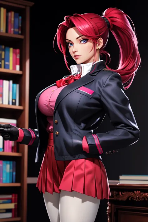 1girl, large breasts, black background, black hair, blue eyes, blurry background, bookshelf, gloves, jacket, jewelry, long hair, looking at viewer, pink eyes, ponytail, red hair, school uniform, single leg pantyhose, solo, Best_QualityPos
