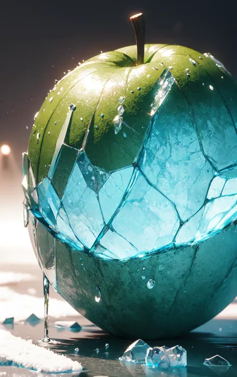 Realistic 3D render of an apple made of ice, green neutral, lighting, refractions, freshness, ice texture details