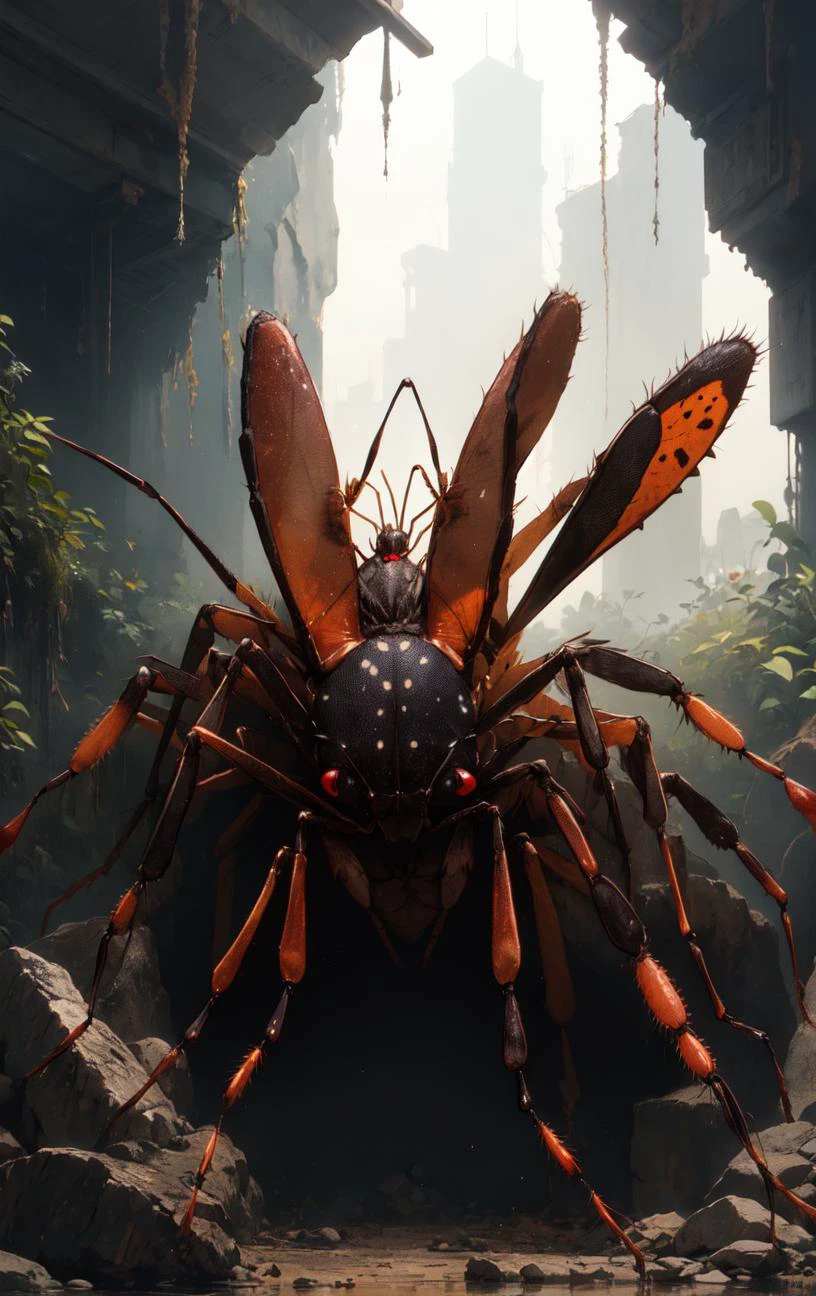 A Long Shot of a (((assassin bug))), at morning