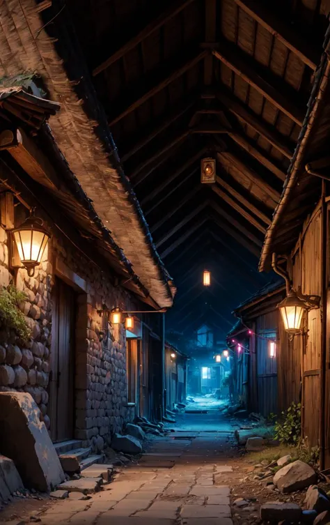 A dynamic Wide Shot of a pathway lights, black lights over a thatch,rhyolite stone,clay tiles roof