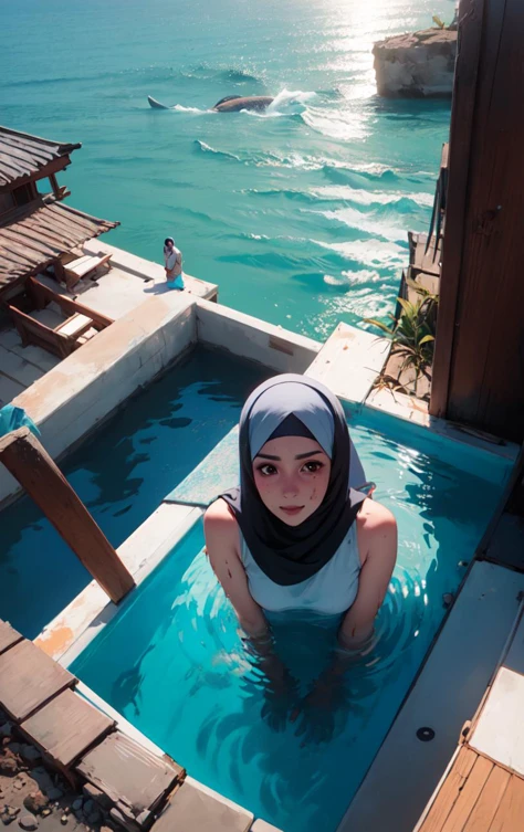 Medium Long Shot of 1woman 35yo (Ù
اÙÛ Ù
رادÛ:1.3), Half-Up Half-Down hair ocean, manatee,rooftop bar,mud suction