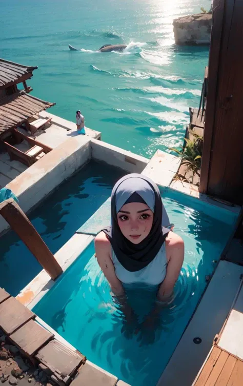 Malay teen girl wear hijab, wearing muslim swimsuit, petite body, lolita body, small breast, small hip, small thigh, sexy waist, at sea, facing sky, open mouth, happy face, satisfied face,