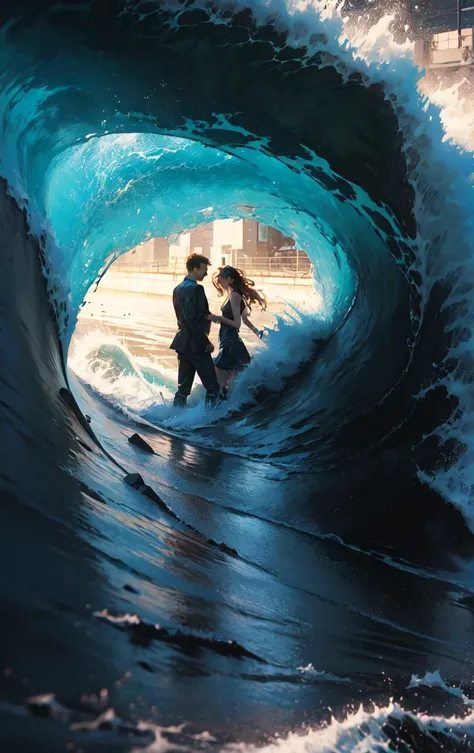 Long Shot of a couple, urban landscape, wave