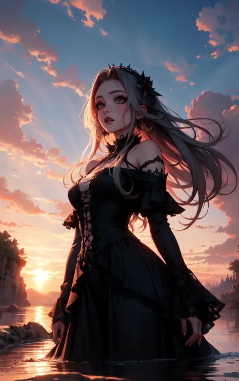 1girl, hime cut, long hair, gothic dress, gothic, expressions, (open mouth:0.5), sunset, light rays, outdoor, nature, floating hair