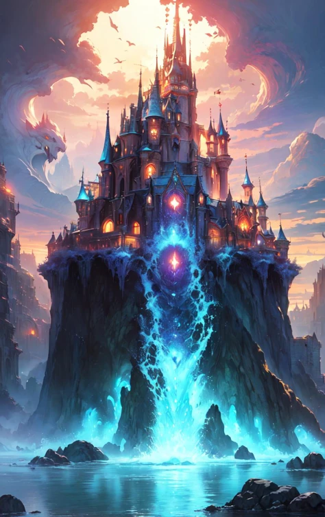 A Extreme Wide Shot of a (fantasy castle) in the (kingdom of water elemental), in the natural light of dawn