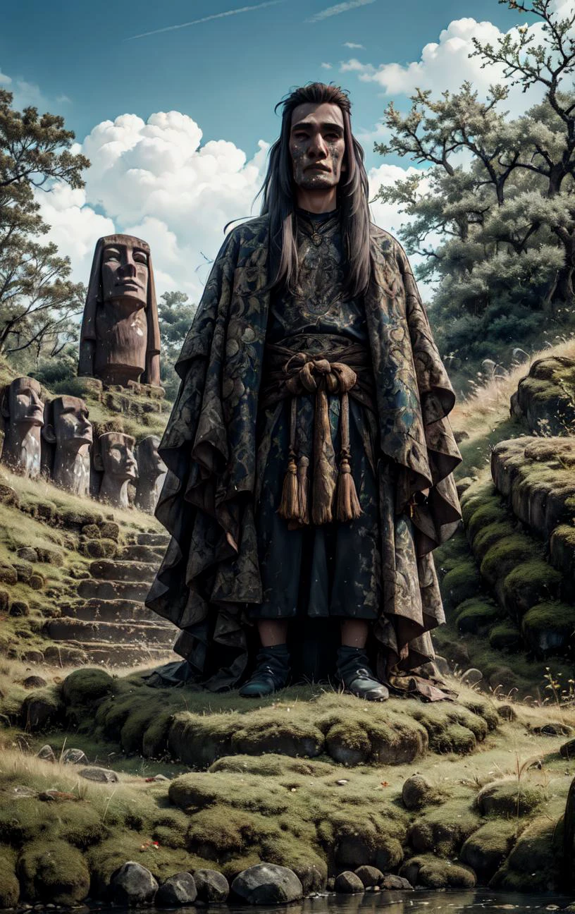 xuer extravagant gown <lora:xuer extravagant gown_20240111031813:0.8>, a boy, outdoor shot of Easter Island moai