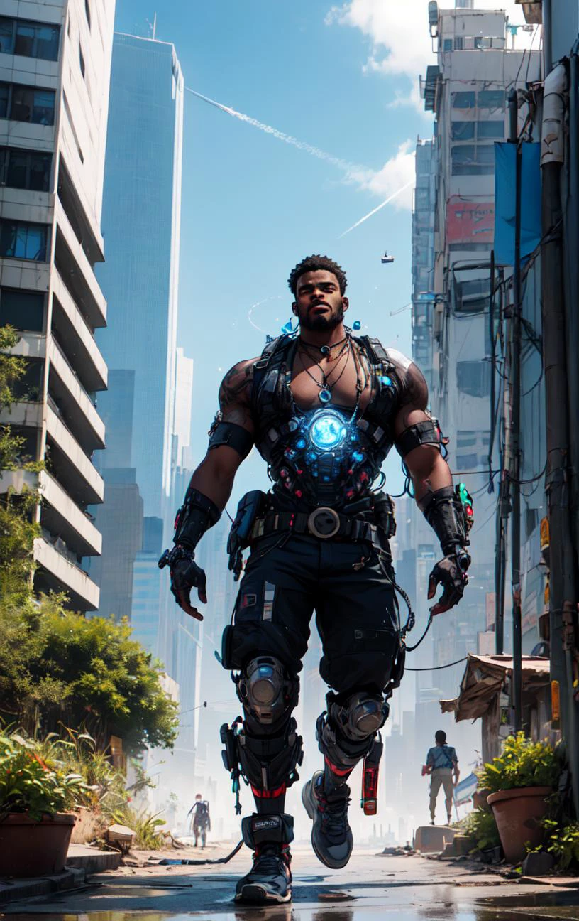 A dynamic Establishing Shot of 1boy of (Massawa Kidane:1.3) that weares quantum-linked necklace and look at the camera, that work as biopunk augmentation engineer, in the backgound a overcrowded skyscrapers reaching towards the sky