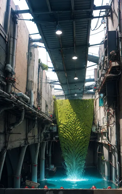 A dynamic Establishing Shot of a algae bioreactors for lighting over a tapestry with slit soumak tapestry,precast concrete,vinyl