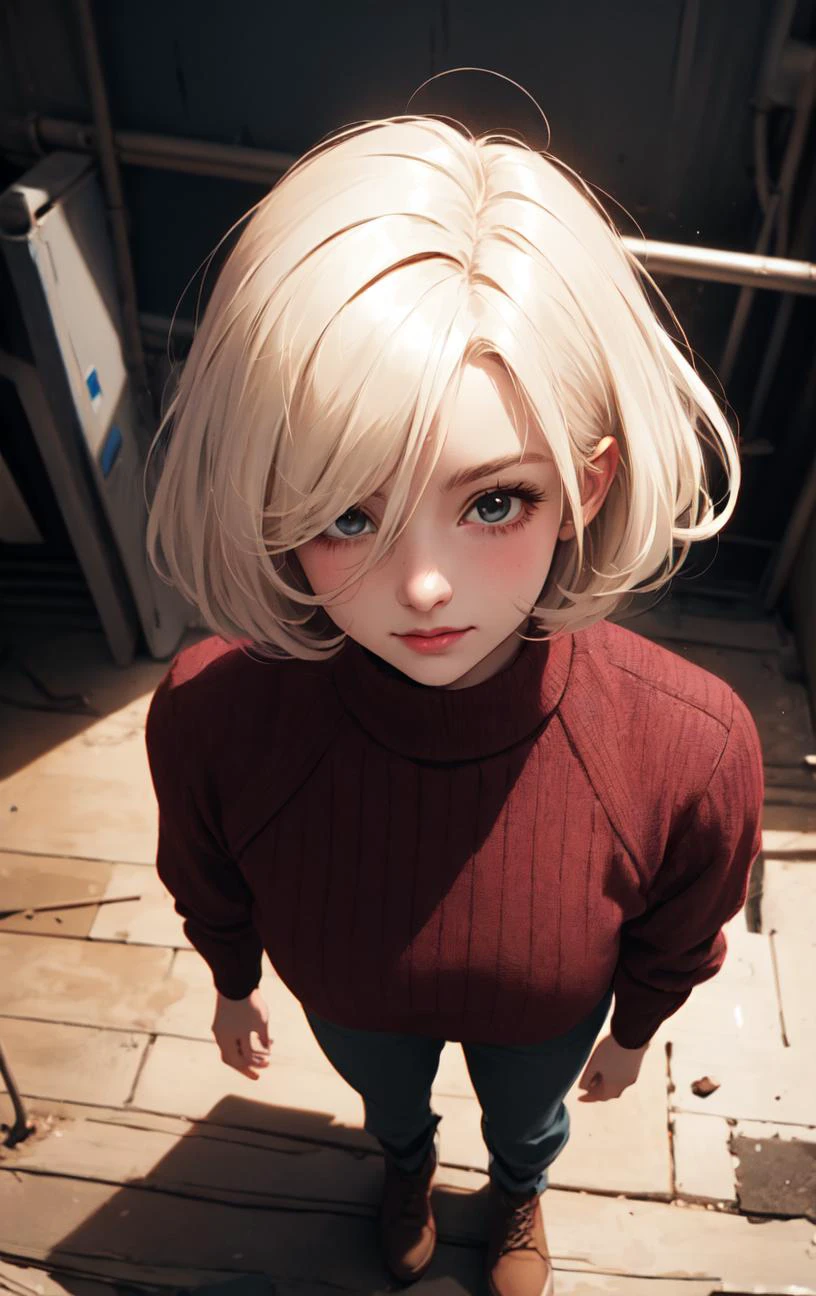 40yo woman (Julia Hamilton:1.3), brawny figure BREAK Bangs haircut platinum blonde hair BREAK ruffles pattern, pullover, natural vermillion, chinos, chukka boots