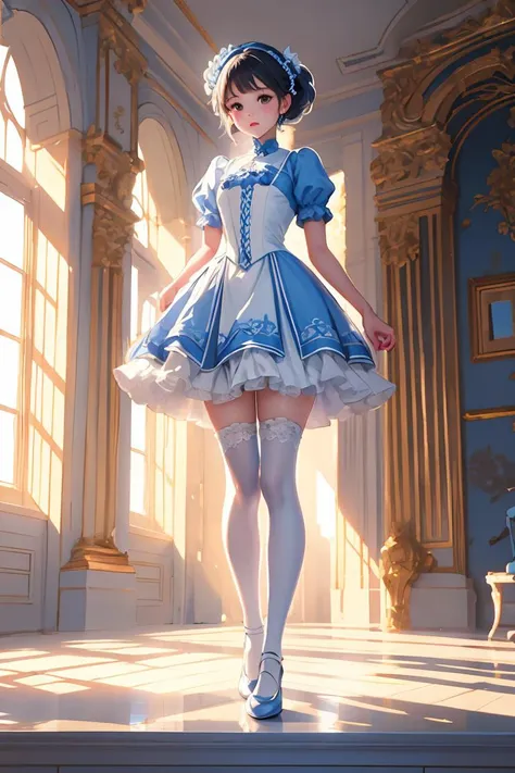 (masterpiece, best quality), 1girl, blue and white frill dress, (white stockings), cute face, standing, indoor, intricate detail, sunlight,