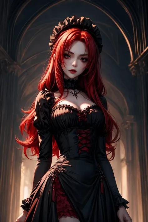 (masterpiece, best quality), 1girl, red hair, medium chest, gothic frill dress, pervert face, <lora:add_detail:1>