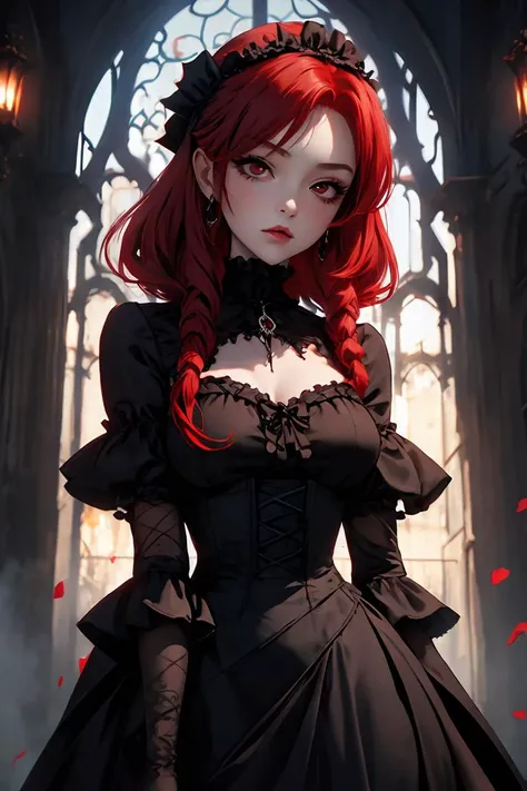 (masterpiece, best quality), 1girl, red hair, medium chest, gothic frill dress, pervert face,