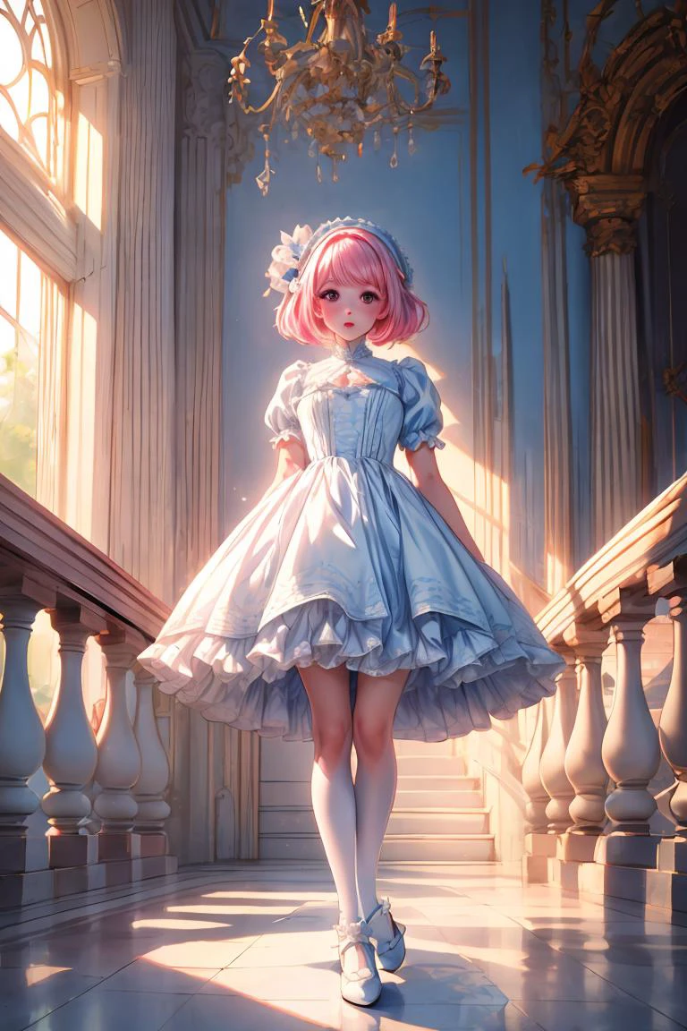 (masterpiece, best quality), 1girl, blue and white frill dress, (white stockings), pink hair, cute face, standing, indoor, intricate detail, sunlight, <lora:add_detail:1>