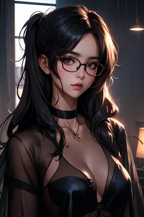 (masterpiece, best quality), 1girl, messy hair, choker, black silk pajamas, see-through, glasses,