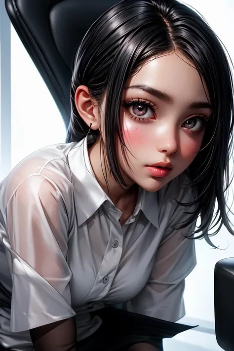 (masterpiece, best quality), a young black haired girl office secretary dressed in a transparent white blouse and black office skirt and black pantyhose ,sitting in an office chair, holding pencil, (detailed skin:1.3),(detailed eyes), (sharp focus), <lora:add_detail:1>