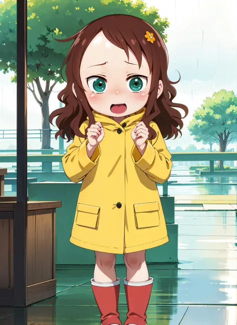 1girl, masterpiece, (detailed background), best quality, absurdres,
looking at viewer, full body, holding flower, eyes closed,
riko, brown hair, hair ornament, hair flower, green eyes, blush, short hair, full-face blush, open mouth, heart in mouth, rain boots, rain coat,
<lora:riko-05:1>