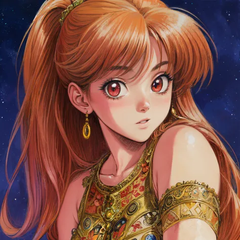 1girl, masterpiece, (detailed background), best quality, absurdres,
eyelashes, eyeliner, nose blush, looking at viewer, red hair, red eyes, bangs, night sky, stars, earrings, night, upper body, exposed shoulder, armband,