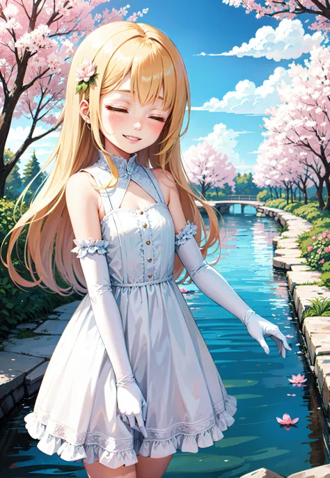 1girl, masterpiece, (detailed background), cowboy shot,
japanese bridge, soribashi, sakura trees, sakura blossoms, stream, rocks, wildflowers, lotus flower, clouds,
long hair, golden hair, smiling, squinting, closed eyes, flower in hair, eyelashes, eyeliner, nose blush, white gloves, elbow gloves, frilly gloves,
white sundress,