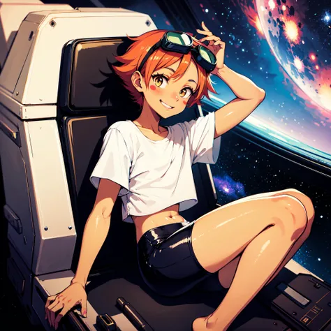 1girl, masterpiece, (detailed background), best quality, absurdres,
eyelashes, eyeshadow, orange hair, tiny breasts, sitting, sitting in cockpit, space ship, cockpit, stars, space, planet,
edward, solo, short hair, smile, barefoot, dark skin, dark-skinned female, blush stickers, goggles, bike shorts, goggles on head, tomboy, midriff,
<lora:Edward-06:0.8>,