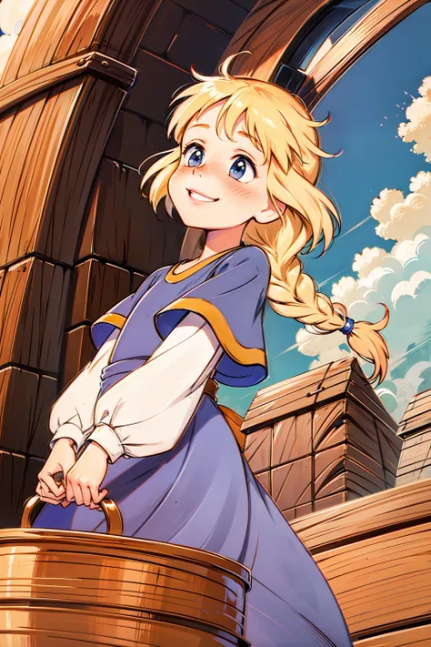 1girl, masterpiece, (detailed background), best quality, absurdres,
marketplace, medieval, nose blush, looking at viewer,
princess calla, blue dress, single braid, white long sleeves, grin,
<lora:princess_calla_v1:1>,
from below,