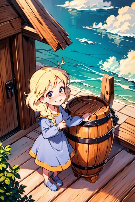 1girl, masterpiece, (detailed background), best quality, absurdres,
marketplace, medieval, nose blush, looking at viewer, cobblestone,
princess calla, single braid, grin, white long sleeves, blue dress,
<lora:princess_calla_v1:1>,
from above,
barrel, cloudy_sky, crate, day, outdoors, wood, wooden barrel, wooden_floor dock, pier, sea, water, waves,