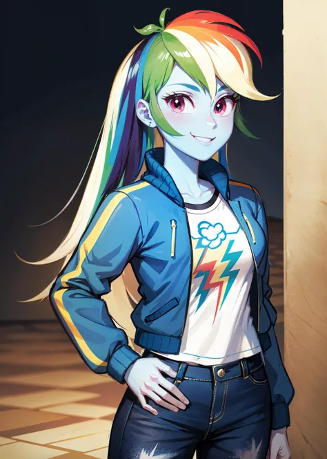 1girl, masterpiece, (detailed background), best quality, absurdres,
<lora:mlp_rainbowdash-10:1>, mlpdash, colored skin, blue skin, smile, looking at viewer, hand on hip, rainbow hair, purple eyes, cropped jacket, shirt, pants, personification, colored skin, blue skin,