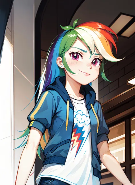 1girl, masterpiece, (detailed background), best quality, absurdres,
smirk, street, storefront, running, closed mouth, from below,
mlpdash, personification, multicolored hair, colored skin, blue skin,
<lora:mlp_rainbowdash-10:1>,