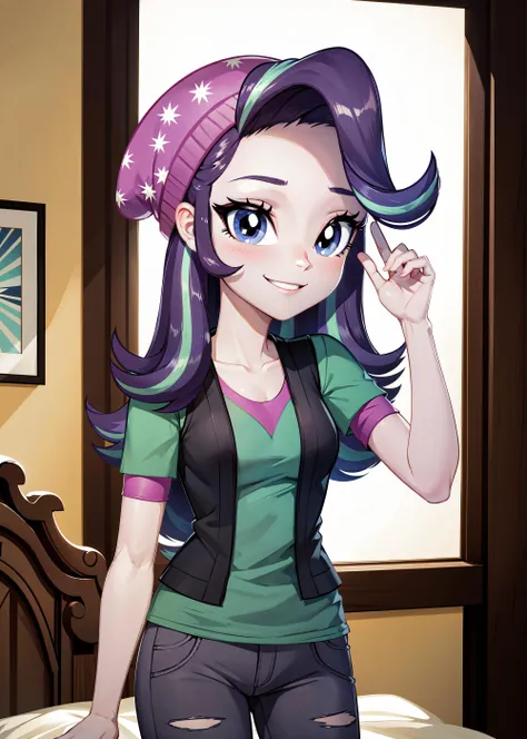 1girl, masterpiece, (detailed background), best quality, absurdres,
bedroom, bed, window,
<lora:mlp_starlightglimmer-10:1>, mlpglimmer, shirt, hat, short sleeves, pants, vest, streaked hair, torn clothes, colored skin, beanie, torn pants, solo, smile, personification,