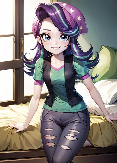 1girl, masterpiece, (detailed background), best quality, absurdres,
bedroom, bed, window,
<lora:mlp_starlightglimmer-10:1>, mlpglimmer, shirt, hat, short sleeves, pants, vest, streaked hair, torn clothes, colored skin, beanie, torn pants, solo, smile, personification,