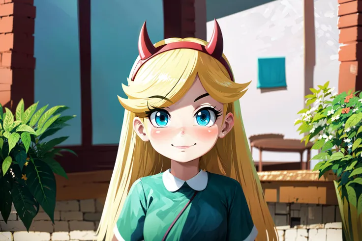 1girl, masterpiece, (detailed background), best quality, absurdres, outside,
looking at viewer, smirking, eyelashes, eyeshadow, nose blush, young girl,
mexican street, blue house, yellow roof, red brick fence, green bushes, plants,
 <lora:my_StarButterfly_v1:0.75>, star butterfly, blonde hair, blue eyes, facial mark, fake horns, hairband, heart cheeks, horned headwear, long hair, pantyhose, striped pantyhose