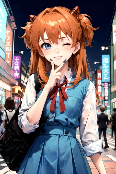 <lora:asukalangley:0.8>, asuka langley soryu, blue eyes, hair between eyes, headgear, interface headset, orange hair, red ribbon, ribbon, school uniform, skirt, suspender skirt, suspenders, tokyo-3 middle school uniform, city lights, tokyo, akihabara, happy face, blush, one eye closed, hand to own mouth, <lora:V:1>