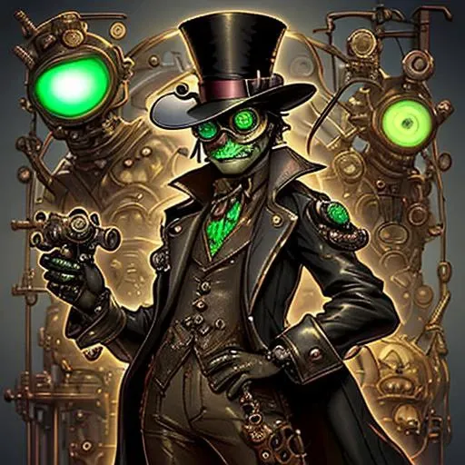 a steam punk frog wearing a leather tophat and aviator goggles with a suit adorned with gears and clogs <lora:DonMSp3ctr4lXL:0.8> DonMSp3ctr4lXL <lora:wrenchsfantasy:0.8> wrenchsfantasy, fantasy, glowing, glowing eyes <lora:SteampunkXL_V1:0.8> steampunk