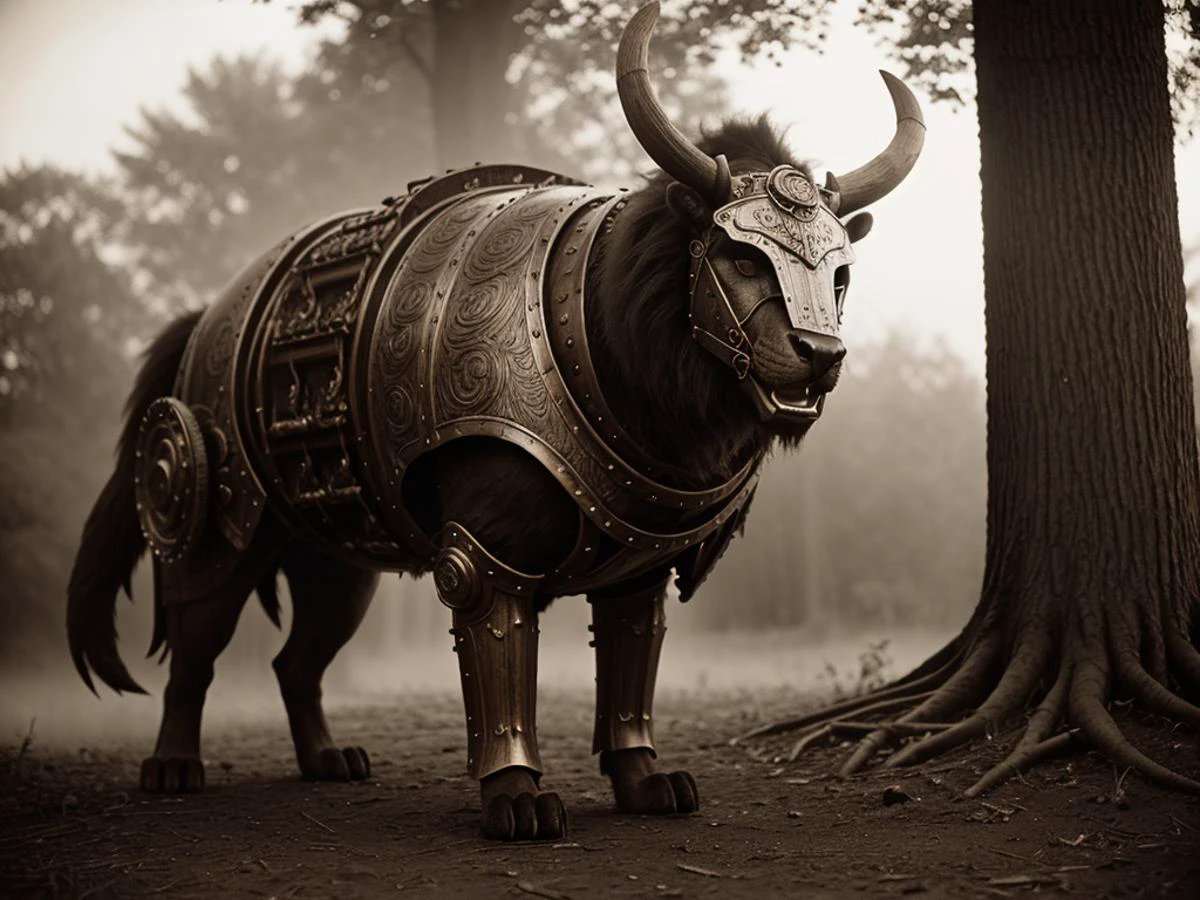 analog film photo (1 beast of burden, steampunk druidic with engraved wood armor) <lora:LoromXL_Druidic_Naturalism:0.3> <lora:SteampunkXL_V1:0.3> . faded film, desaturated, 35mm photo, grainy, vignette, vintage, Kodachrome, Lomography, stained, highly detailed, found footage