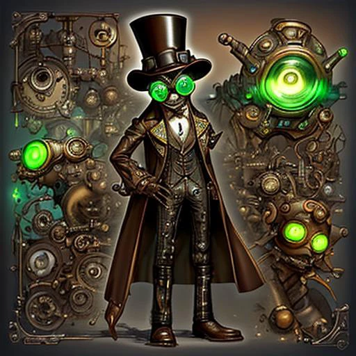 a steam punk frog wearing a leather tophat and aviator goggles with a suit adorned with gears and clogs <lora:DonMSp3ctr4lXL:0.8> DonMSp3ctr4lXL <lora:wrenchsfantasy:0.8> wrenchsfantasy, fantasy, glowing, glowing eyes <lora:SteampunkXL_V1:0.8> steampunk