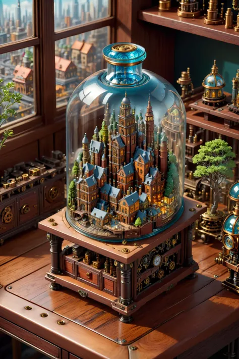 close-up digital illustration of a glass container with a miniature city inside, isometric, extremely detailed, wooden steampunk workshop table background, raw photo, extremely detailed, sim city style,  <lora:WowifierXL-V2:1> art by mooncryptowow <lora:SteampunkXL_V1:0.6>