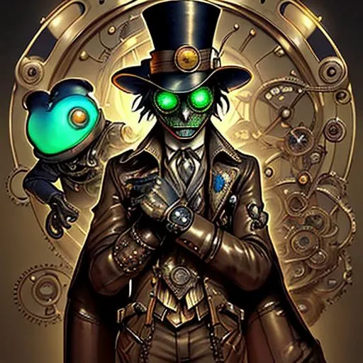 a steam punk frog wearing a leather tophat and aviator goggles with a suit adorned with gears and clogs <lora:DonMSp3ctr4lXL:0.8> DonMSp3ctr4lXL <lora:wrenchsfantasy:0.8> wrenchsfantasy, fantasy, glowing, glowing eyes <lora:SteampunkXL_V1:0.8> steampunk