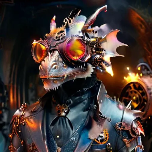 a steampunk Dragon wearing a leather tophat and aviator goggles with a suit adorned with gears and clogs in a very fantastical fantasy type setting <lora:DonMSp3ctr4lXL:0.8> DonMSp3ctr4lXL <lora:wrenchsfantasy:0.8> wrenchsfantasy, fantasy, glowing, glowing eyes <lora:SteampunkXL_V1:0.8> steampunk <lora:xl_more_art_full_v1:0.8> <lora:Cognifique:0.8> cogstyle, made from small cogs <lora:Dragons:0.8> dragon