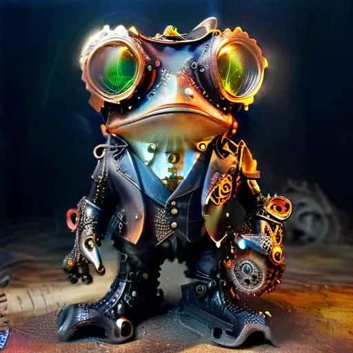 a steam punk frog wearing a leather tophat and aviator goggles with a suit adorned with gears and clogs <lora:DonMSp3ctr4lXL:0.8> DonMSp3ctr4lXL <lora:wrenchsfantasy:0.8> wrenchsfantasy, fantasy, glowing, glowing eyes <lora:SteampunkXL_V1:0.8> steampunk <lora:xl_more_art_full_v1:0.8> <lora:Cognifique:0.8> cogstyle, made from small cogs