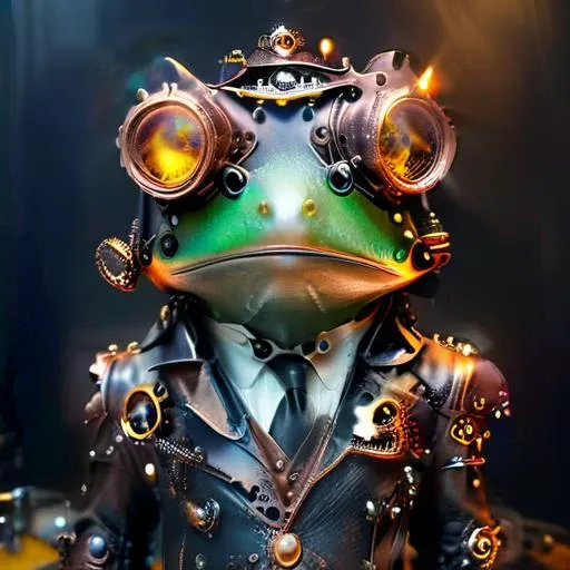 a steam punk frog wearing a leather tophat and aviator goggles with a suit adorned with gears and clogs <lora:DonMSp3ctr4lXL:0.8> DonMSp3ctr4lXL <lora:wrenchsfantasy:0.8> wrenchsfantasy, fantasy, glowing, glowing eyes <lora:SteampunkXL_V1:0.8> steampunk <lora:xl_more_art_full_v1:0.8> <lora:Cognifique:0.8> cogstyle, made from small cogs