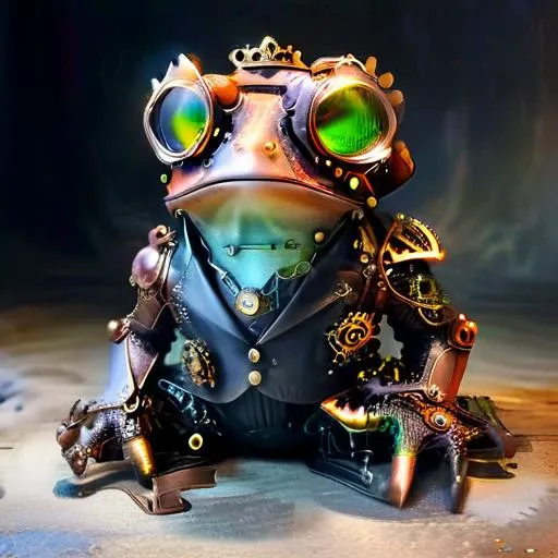 a steam punk frog wearing a leather tophat and aviator goggles with a suit adorned with gears and clogs <lora:DonMSp3ctr4lXL:0.8> DonMSp3ctr4lXL <lora:wrenchsfantasy:0.8> wrenchsfantasy, fantasy, glowing, glowing eyes <lora:SteampunkXL_V1:0.8> steampunk <lora:xl_more_art_full_v1:0.8> <lora:Cognifique:0.8> cogstyle, made from small cogs