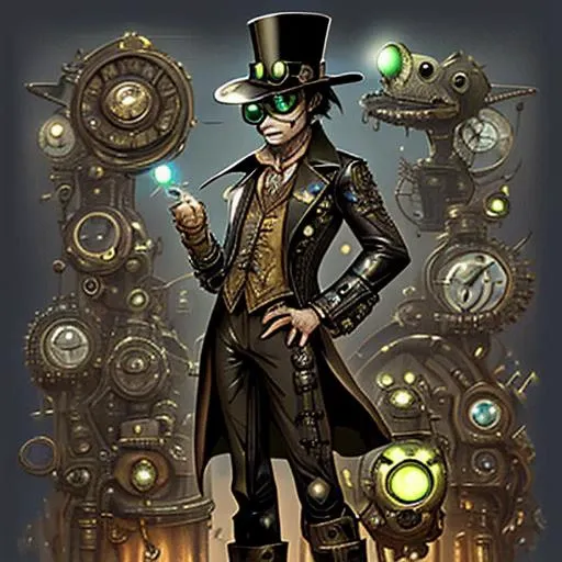 a steam punk frog wearing a leather tophat and aviator goggles with a suit adorned with gears and clogs <lora:DonMSp3ctr4lXL:0.8> DonMSp3ctr4lXL <lora:wrenchsfantasy:0.8> wrenchsfantasy, fantasy, glowing, glowing eyes <lora:SteampunkXL_V1:0.8> steampunk