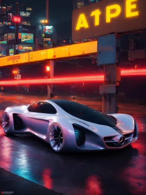 masterpiece, best quality, mercedesbiome, 1car, night, rainy highway, highly detailed, <lora:MERCEDESBIOME:0.6>, (Cyberpunk), futuristic, neon, urban, dystopian