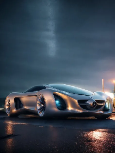 masterpiece, best quality, mercedesbiome, 1car, night, rainy highway, highly detailed, high speed, <lora:MERCEDESBIOME:0.7>, slate atmosphere, cinematic, dimmed colors, dark shot, muted colors, film grainy, lut, spooky