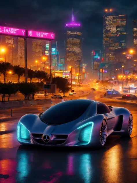 masterpiece, best quality, mercedesbiome, 1car, night, rainy highway, highly detailed,  <lora:MERCEDESBIOME:0.6>, (Cyberpunk), futuristic, neon, urban, dystopian