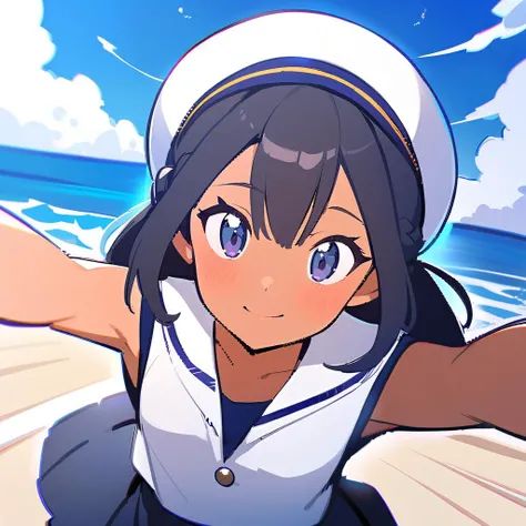 (((masterpiece)))(((anime style))), <lora:kabedon_view:1> 1girl solo, kabedon pov, (beautiful detailed girl), 1girl ,solo, pokemon anime style, tan skin, very long straight dark black hair styled in a loose french braid, beautiful detailed indigo eyes, wearing a white (short sleeved) sailor shirt with a dark blue bow and ribbons, shirt tucked in, dark blue pleated high waisted short sailor skirt with white buttons, white sailor hat, white blue striped knee socks, black ankle height boots, anchor necklace, small blue and white ribbons in her hair, skirt blowing in wind, hair blowing in wind, shy, blushing, beautiful smile, ocean background , highly detailed background, dark blue ocean, large rolling waves, large rolling white clouds in the sky, sunny weather, summer season, noon time, sparkling ocean, (((from the front))), looking at the camera, closeup, hair lighting <lora:animetarotV51:1>