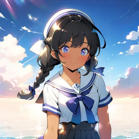 (((masterpiece)))(((anime style))), (beautiful detailed girl), 1girl ,solo, pokemon anime style, <lora:animetarotV51:1> tan skin, very long straight dark black hair styled in a loose french braid, beautiful detailed indigo eyes, wearing a white (short sleeved) sailor shirt with a dark blue bow and ribbons, shirt tucked in, dark blue pleated high waisted short sailor skirt with white buttons, white sailor hat, white blue striped knee socks, black ankle height boots, anchor necklace, small blue and white ribbons in her hair, zettao ryoiki, skirt blowing in wind, hair blowing in wind excited, blushing, beautiful smile, standing on a ship on the ocean, the girl is looking out to the ocean, highly detailed background, dark blue ocean, large rolling waves, large rolling white clouds in the sky, sunny weather, summer season, noon time, sparkling ocean, beautiful hands, detailed hands, (((from the front))), looking at the camera, cowboy shot, hair lighting
 <lora:sdxl-1.0_makoto-shinkai:1>